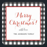 Personalized Merry Christmas Black & white plaid  Square Sticker<br><div class="desc">Trendy & Personalized  black and white plaid Merry Christmas stickers. 
Customize by using the "Edit this design template" boxes on the right hand side of the item,  or click the blue "Customize it" button to arrange the text,  change the fonts and colors.</div>