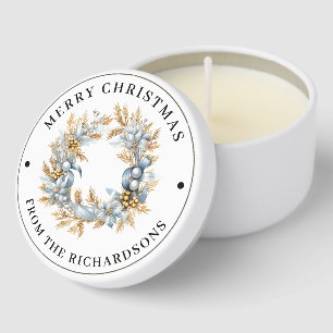 Personalized, Merry Christmas Blue & Gold Wreath Mini Candle Favors