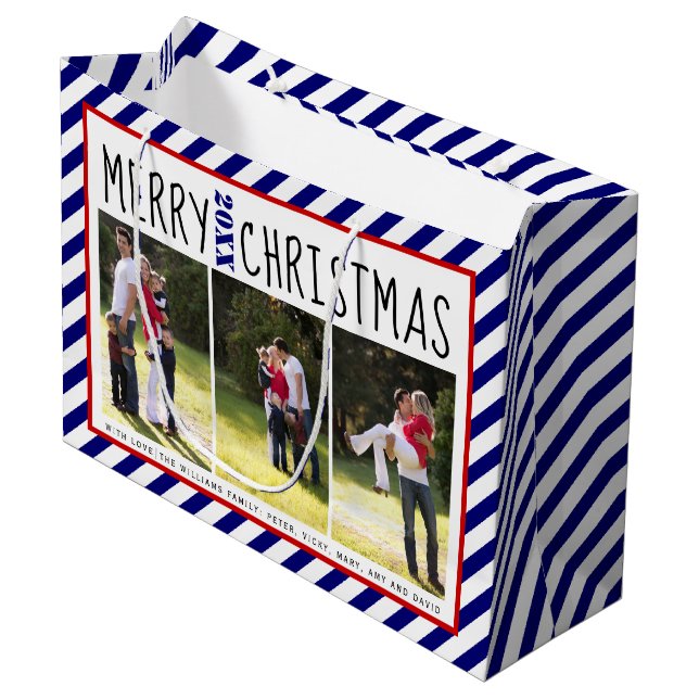 Personalized Merry Christmas blue stripes photo Large Gift Bag (Front Angled)