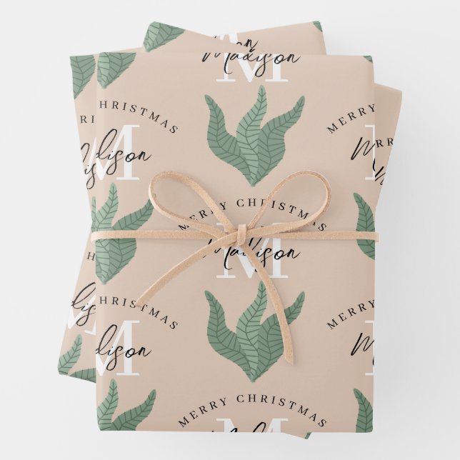 Personalized Merry Christmas Boho Leaves Monogram  Wrapping Paper Sheets (In situ)