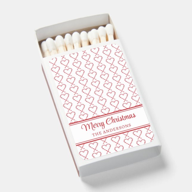 Personalized Merry Christmas Candy Cane Hearts Matchboxes (Front Open)