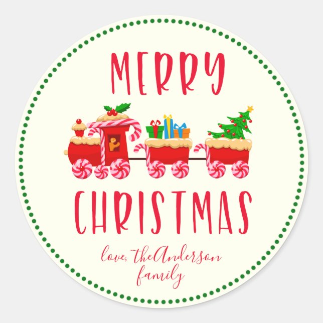 Personalized Merry Christmas Candy Train Holiday Classic Round Sticker (Front)