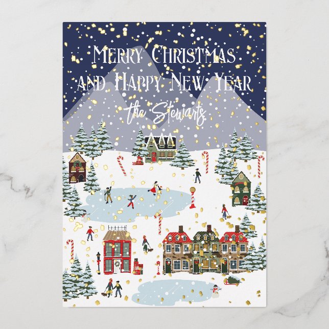 Personalized Merry Christmas Card with Gold Snow (Front)