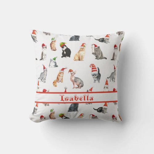 Personalized Merry Christmas Cats with Santa Hats Throw Pillow