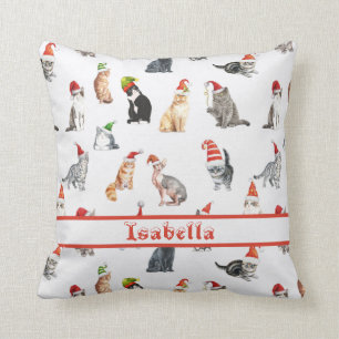 Personalized Merry Christmas Cats with Santa Hats Throw Pillow