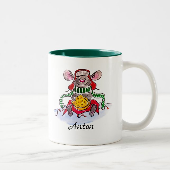 Personalized Merry Christmas Cheese Mouse Two-Tone Coffee Mug (Right)