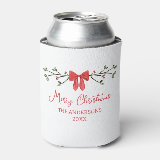 Personalized Merry Christmas Coquette Bow Trendy Can Cooler (Can Front)