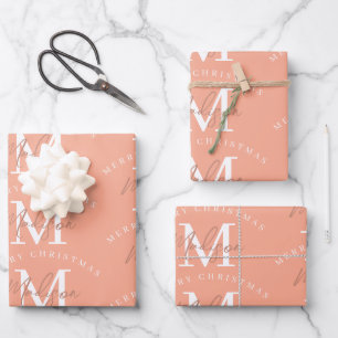 Personalized Merry Christmas Coral Monogram Wrapping Paper Sheets
