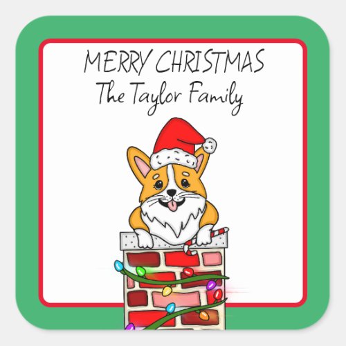 Personalized Merry Christmas Corgi in Chimney  Square Sticker