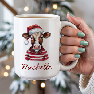 Personalized Merry Christmas Cow in Santa Hat Coffee Mug