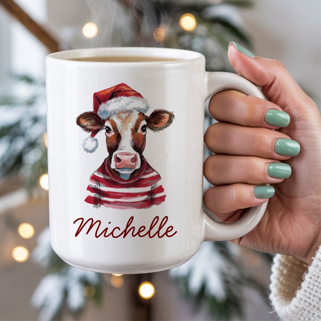 Personalized Merry Christmas Cow in Santa Hat      Coffee Mug (Creator Uploaded)
