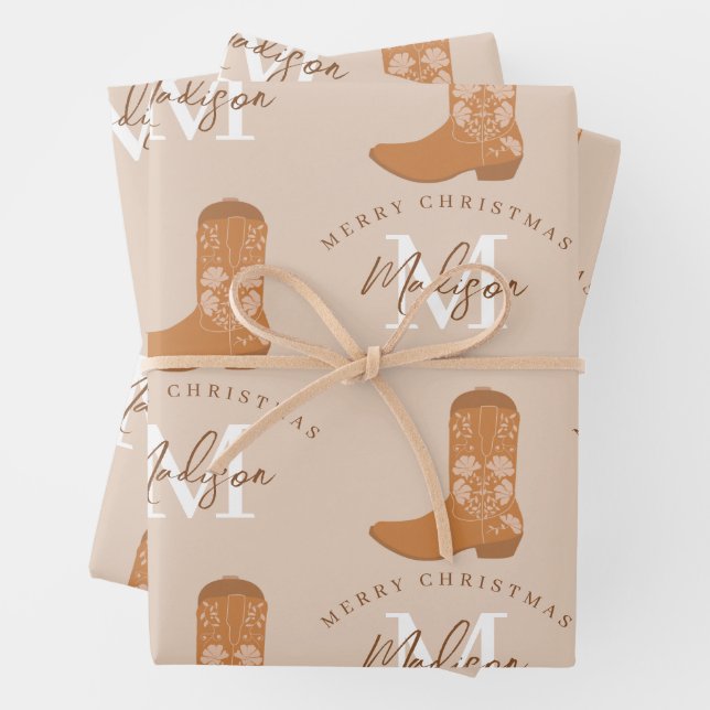 Personalized Merry Christmas Cowboy Boots Monogram Wrapping Paper Sheets (In situ)