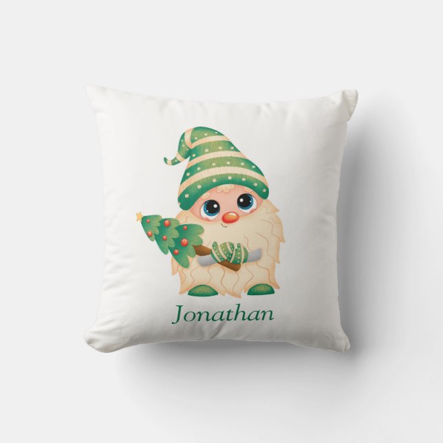 Personalized Merry Christmas Cute Gnome Boy Throw Pillow (Front)