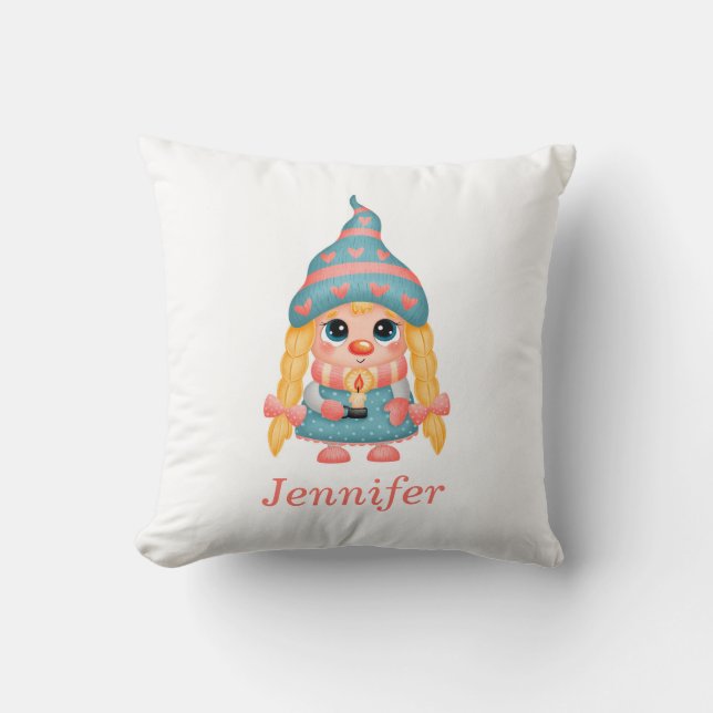 Personalized Merry Christmas Cute Gnome Girl Throw Pillow (Front)