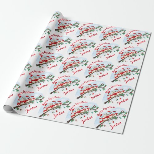 Personalized Merry Christmas Cute Owl Santa Hat Wrapping Paper