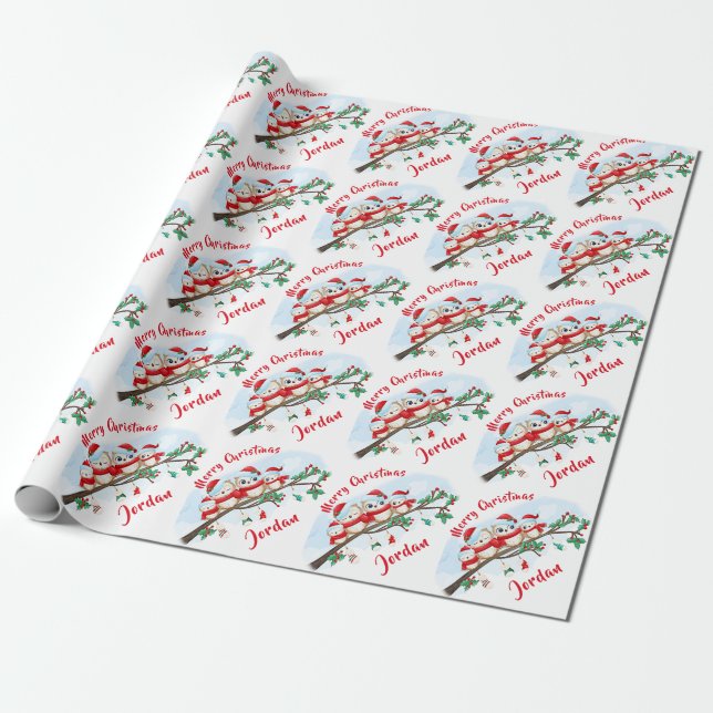 Personalized Merry Christmas Cute Owl Santa Hat Wrapping Paper (Unrolled)
