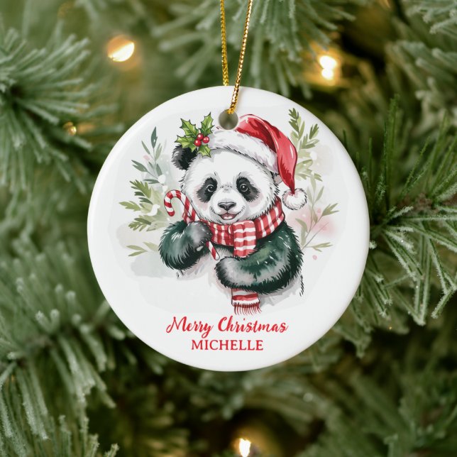 Personalized Merry Christmas Cute Panda Bear Ceramic Ornament (Tree)