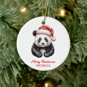 Personalized Merry Christmas Cute Panda Bear Ceramic Ornament