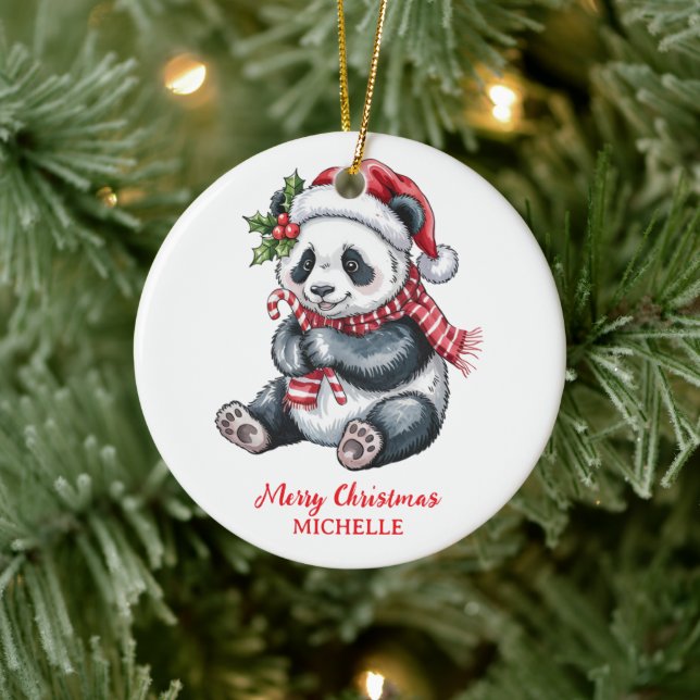 Personalized Merry Christmas Cute Panda Bear Ceramic Ornament (Tree)