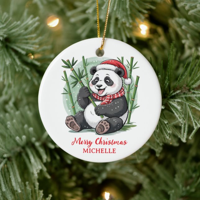 Personalized Merry Christmas Cute Panda Bear Ceramic Ornament (Tree)