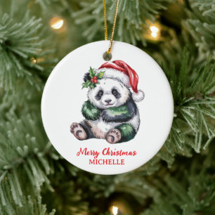 Personalized Merry Christmas Cute Panda Bear Ceramic Ornament