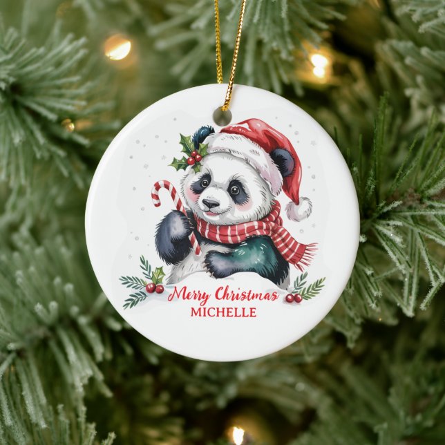 Personalized Merry Christmas Cute Panda Bear Ceramic Ornament (Tree)