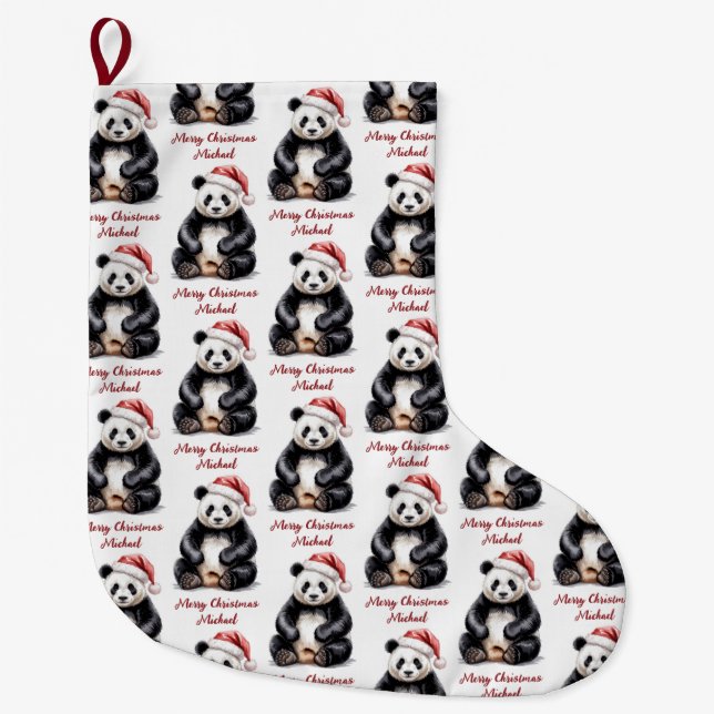 Personalized Merry Christmas Cute Panda Bear Large Christmas Stocking (Front)