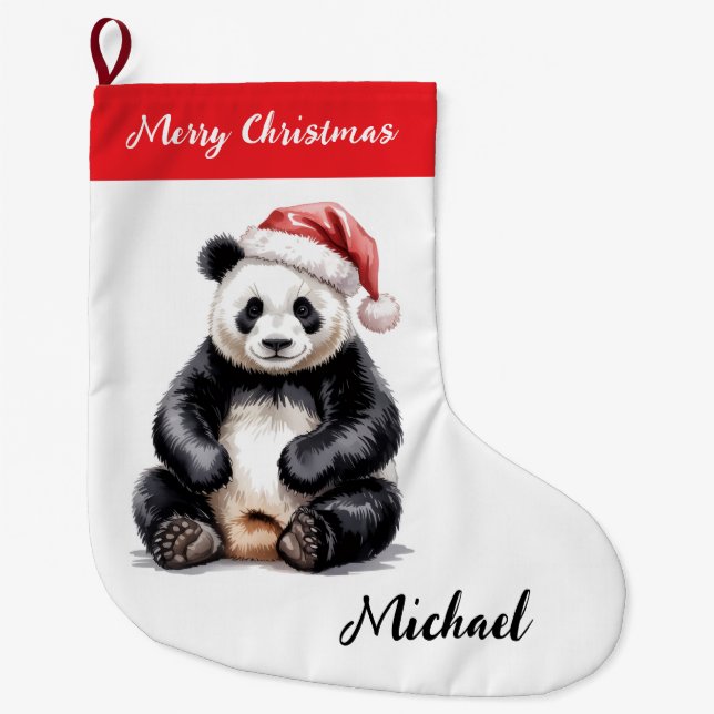 Personalized Merry Christmas Cute Panda Bear Large Christmas Stocking (Front)