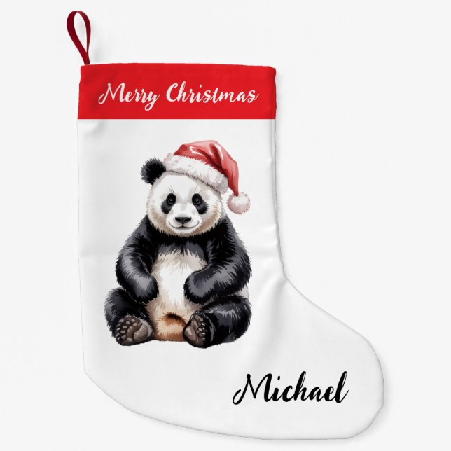 Personalized Merry Christmas Cute Panda Bear Small Christmas Stocking (Front)