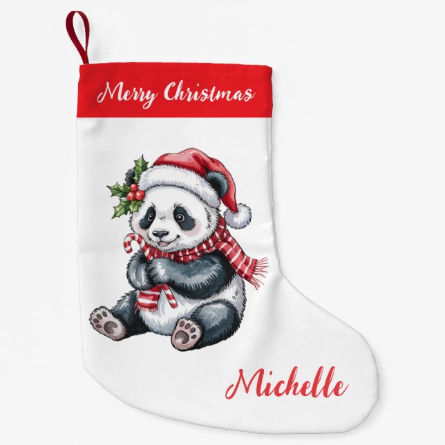 Personalized Merry Christmas Cute Panda Bear Small Christmas Stocking (Front)