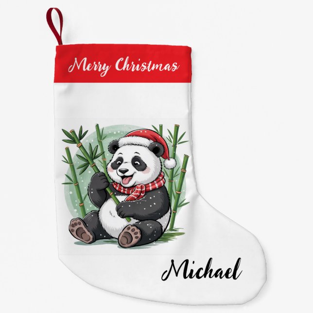 Personalized Merry Christmas Cute Panda Bear Small Christmas Stocking (Front)