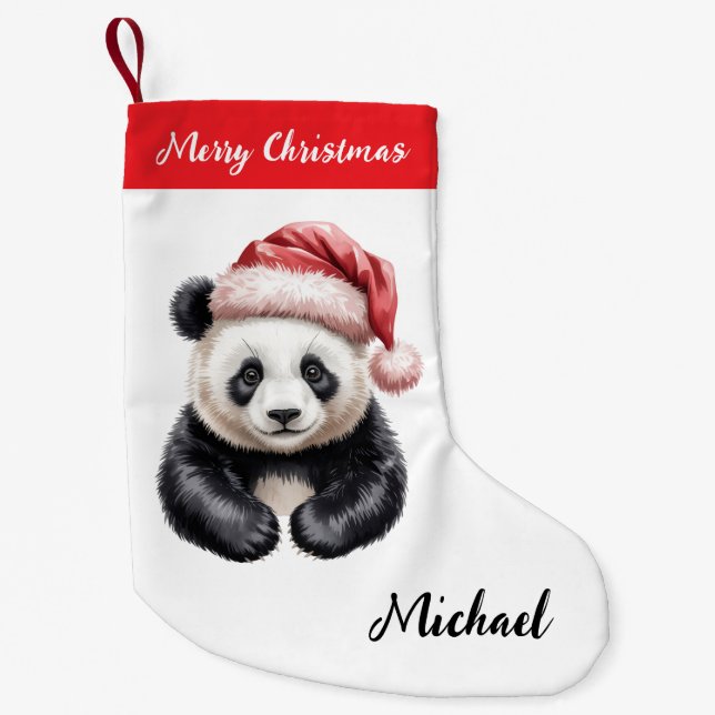 Personalized Merry Christmas Cute Panda Bear Small Christmas Stocking (Front)