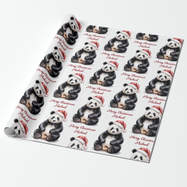 Personalized Merry Christmas Cute Panda Bear Wrapping Paper (Unrolled)