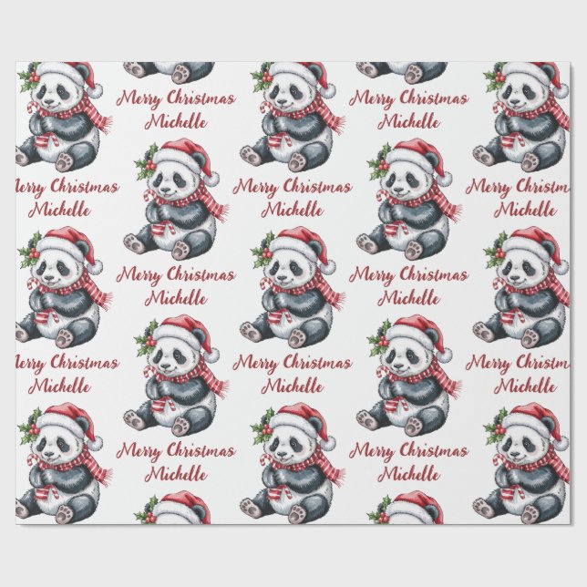 Personalized Merry Christmas Cute Panda Bear Wrapping Paper (Flat)