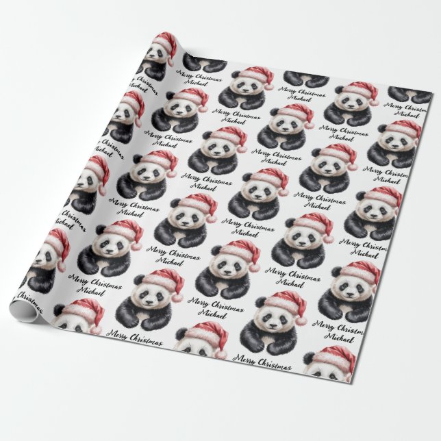 Personalized Merry Christmas Cute Panda Bear Wrapping Paper (Unrolled)