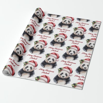 Personalized Merry Christmas Cute Panda Bear Wrapping Paper