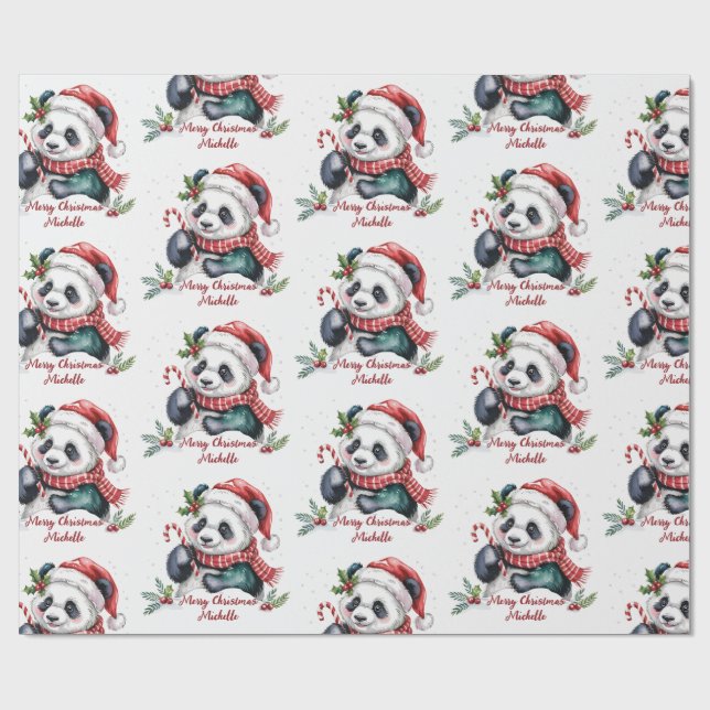 Personalized Merry Christmas Cute Panda Bear Wrapping Paper (Flat)