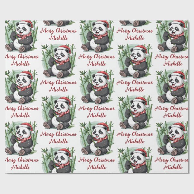 Personalized Merry Christmas Cute Panda Bear Wrapping Paper (Flat)