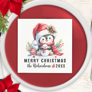 Personalized Merry Christmas Cute Penguin Napkins