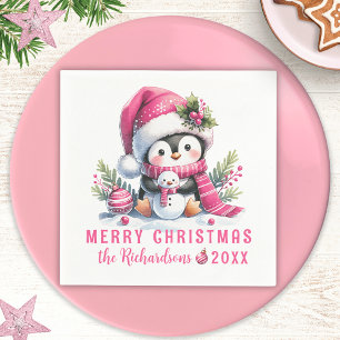 Personalized Merry Christmas Cute Penguin Pink Napkins