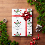 Personalized Merry Christmas cute white snowman Wrapping Paper<br><div class="desc">Custom Merry Christmas greeting white snowman wrapping paper for kids and adults. Cute winter Holiday illustration with black hat, green scarf and red gloves. Suitable for men, women, boys and girls. Add your own personalized seasons greeting and name. Happy Holidays gift wrap pattern. Change quantity to get the cheap bulk...</div>