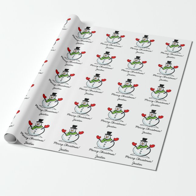 Personalized Merry Christmas cute white snowman Wrapping Paper (Unrolled)