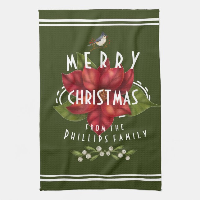 Personalized Merry Christmas dark green white Kitchen Towel (Vertical)