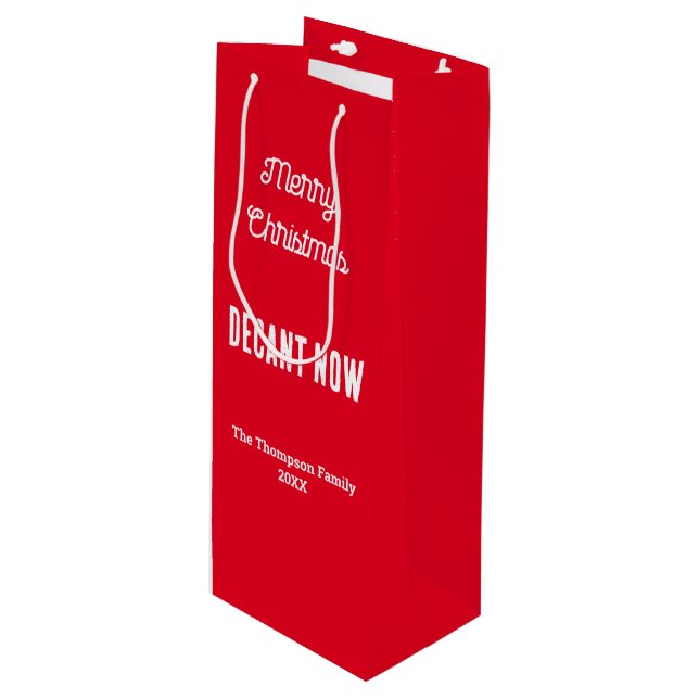 Personalized Merry Christmas Decant Now Red Wine Gift Bag (Front Angled)