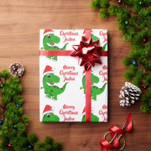 Personalized Merry Christmas Dinosaur Santa Hat Wrapping Paper
