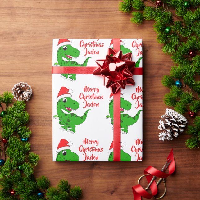 Personalized Merry Christmas Dinosaur Santa Hat Wrapping Paper (Holiday Gift)