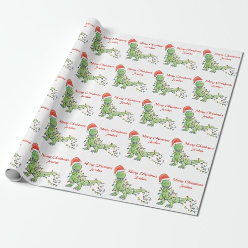 Personalized Merry Christmas Dinosaur Santa Hat Wrapping Paper