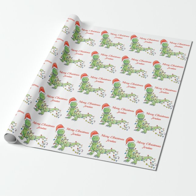 Personalized Merry Christmas Dinosaur Santa Hat Wrapping Paper (Unrolled)