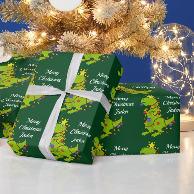 Personalized Merry Christmas Dinosaur Santa Hat Wrapping Paper (Holidays)