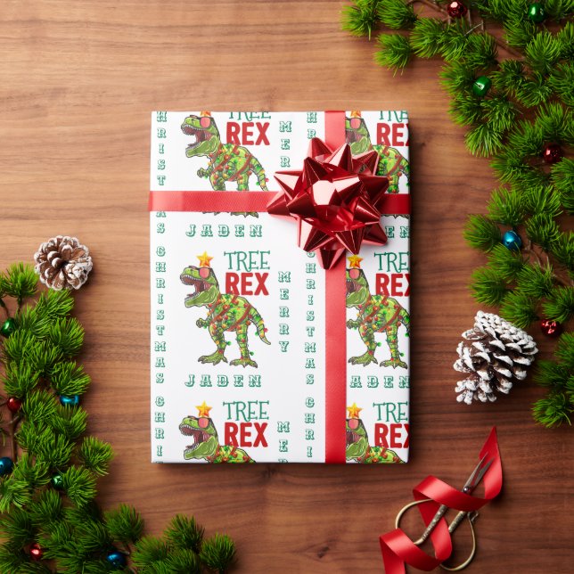 Personalized Merry Christmas Dinosaur Santa Hat Wrapping Paper (Holiday Gift)